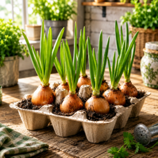 🧅 Nevyhazujte staré cibule: Trik s kartonem od vajec pro čerstvou cibulovou nať z kuchyně 🌱✨